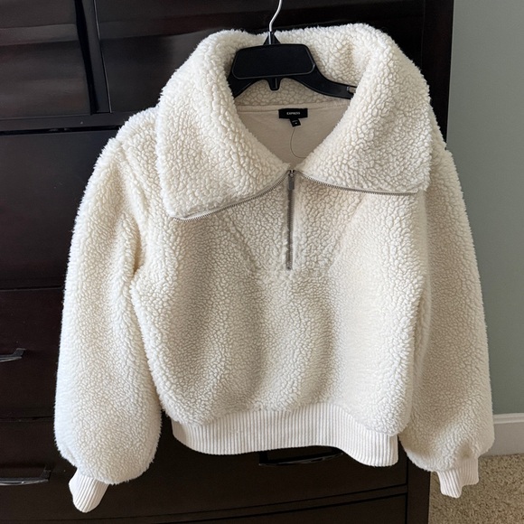 Express Teddy Quarter Zip Cream Sherpa Jacket size medium - Picture 3 of 4